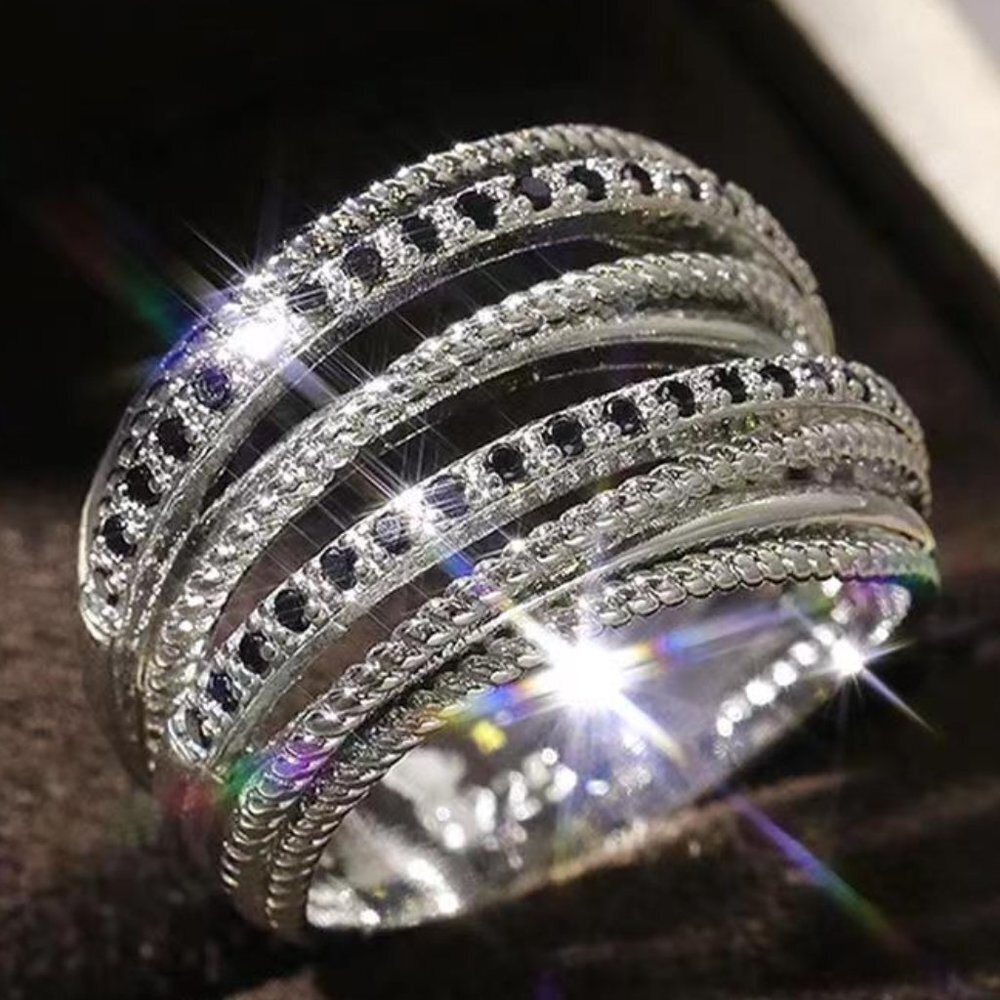 😍Multi Layer Stacking Black Zircon Sterling Silver Plated Ring for Women, L037